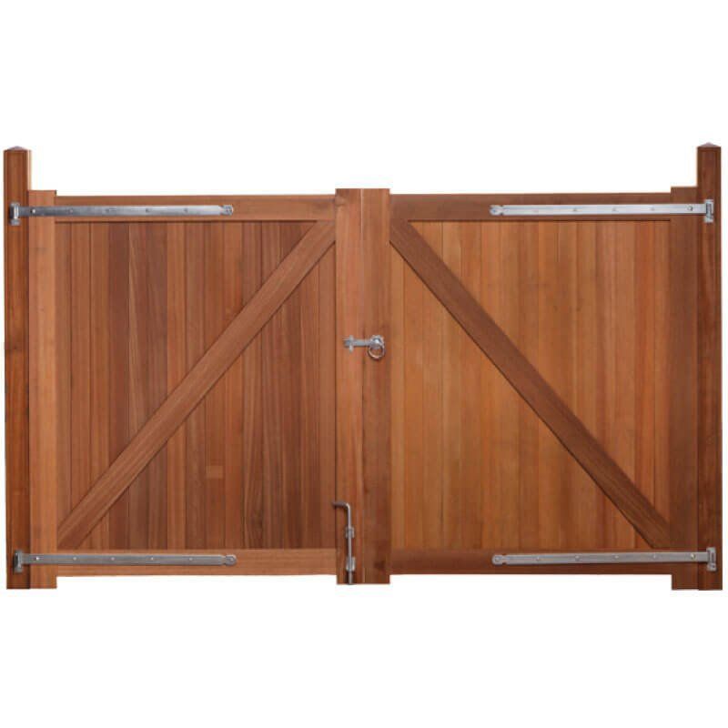 Dubbele poort hardhout bankirai Belmonte set incl. beslag en 2 palen en steunpiket (300 x 180 cm)