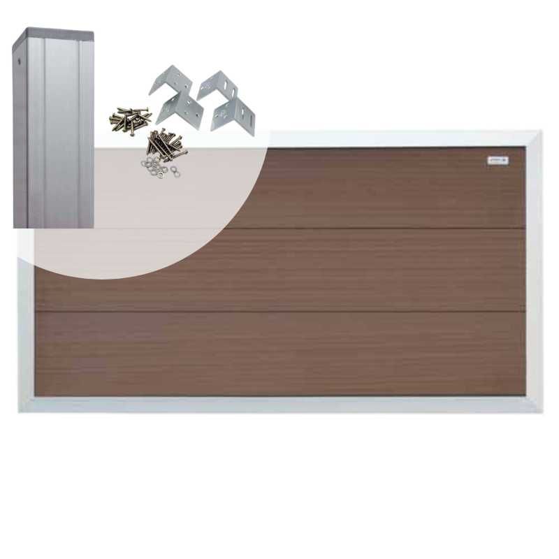 Schutting composiet laag Forte bruin met blank aluminium kader (5,68 mtr)