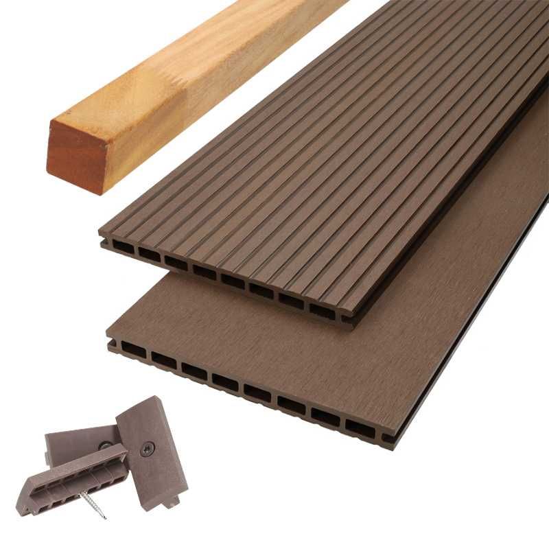 Vlonder totaalpakket composiet 2,1 x 25 cm - XXL donker bruin (4 mtr) vlak/grove ribbel