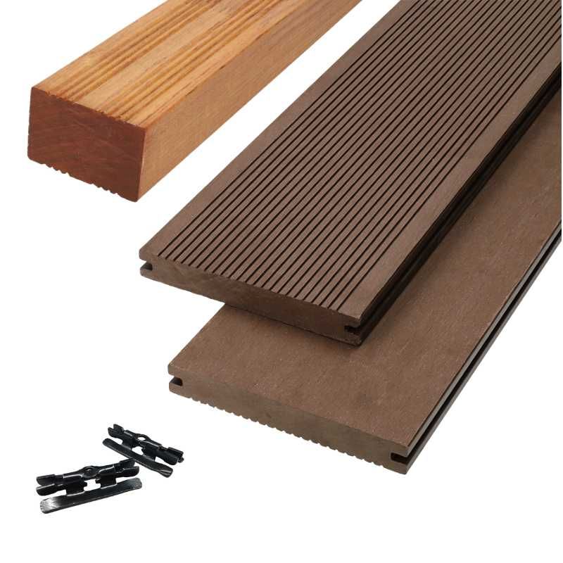 Vlonder totaalpakket composiet massief 1,9 x 14 cm donker bruin (4 mtr) grove ribbel/vlak