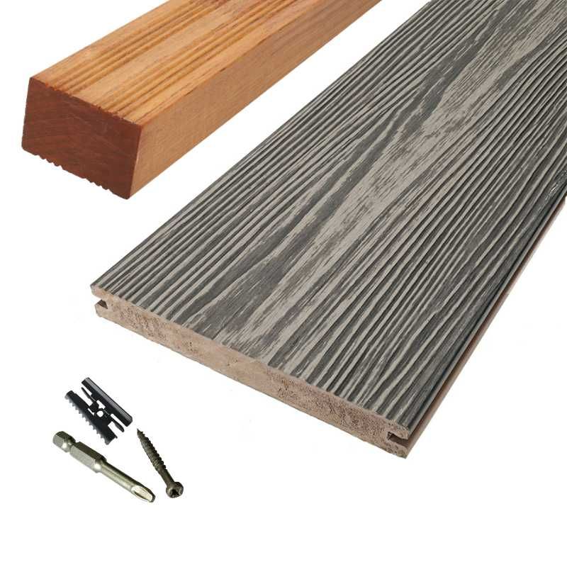 Vlonder totaalpakket composiet massief 2,4 x 19 cm driftwood grey (3 mtr) schorsmotief
