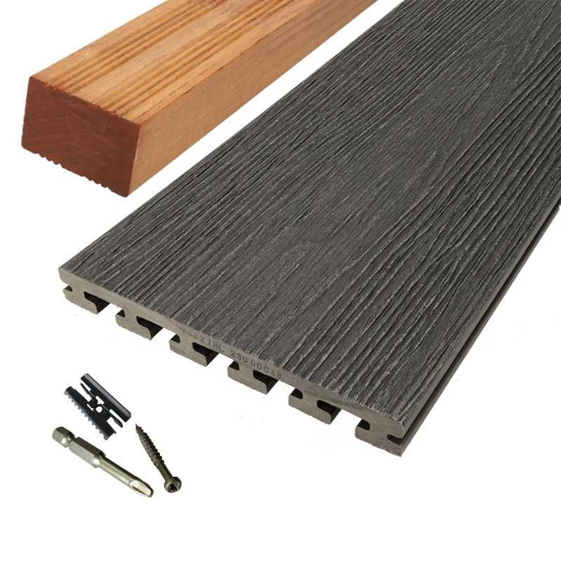 Vlonder totaalpakket composiet 2,5 x 21 cm Nero (4 mtr) vlak/schorsmotief