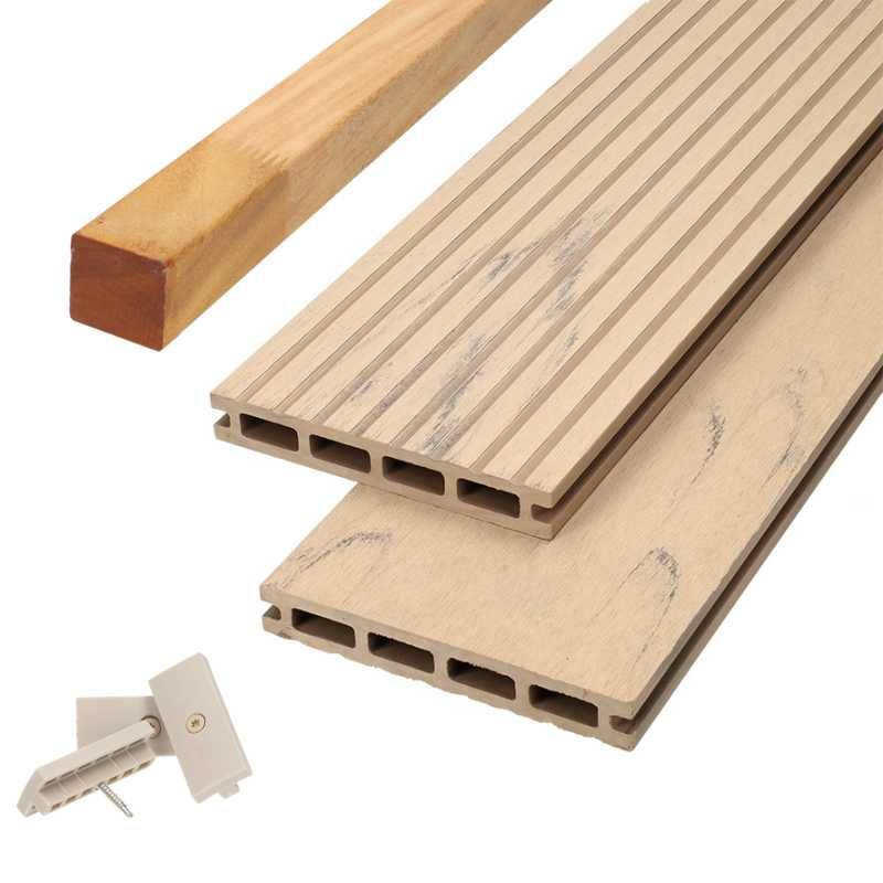 Vlonder totaalpakket composiet 2,1 x 14 cm steengrijs gevlamd (4 mtr) vlak/grove ribbel
