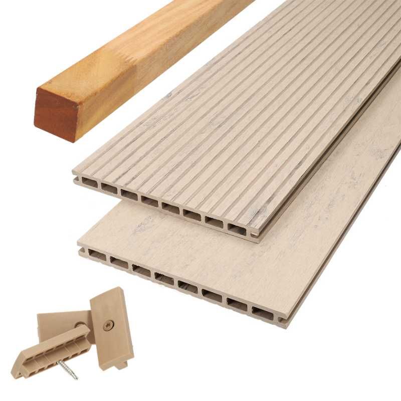 Vlonder totaalpakket composiet 2,1 x 25 cm - XXL steengrijs gevlamd (4 mtr) vlak/grove ribbel