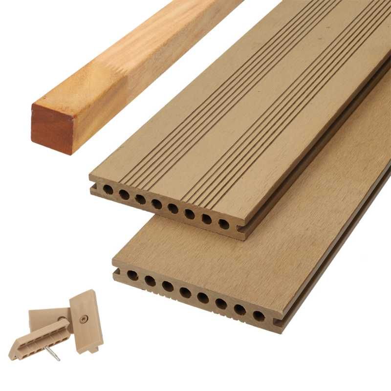 Vlonder totaalpakket composiet semi massief 2,1 x 14 cm teak bruin (4 mtr) fijne ribbel en vlak