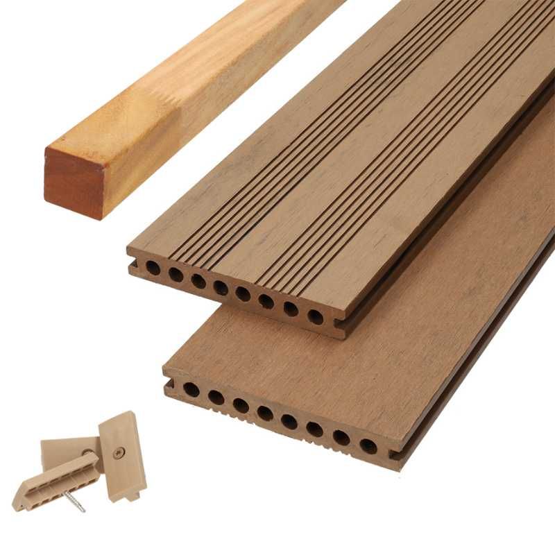 Vlonder totaalpakket composiet semi massief 2,1 x 14 cm bruin gevlamd (4 mtr) fijne ribbel en vlak
