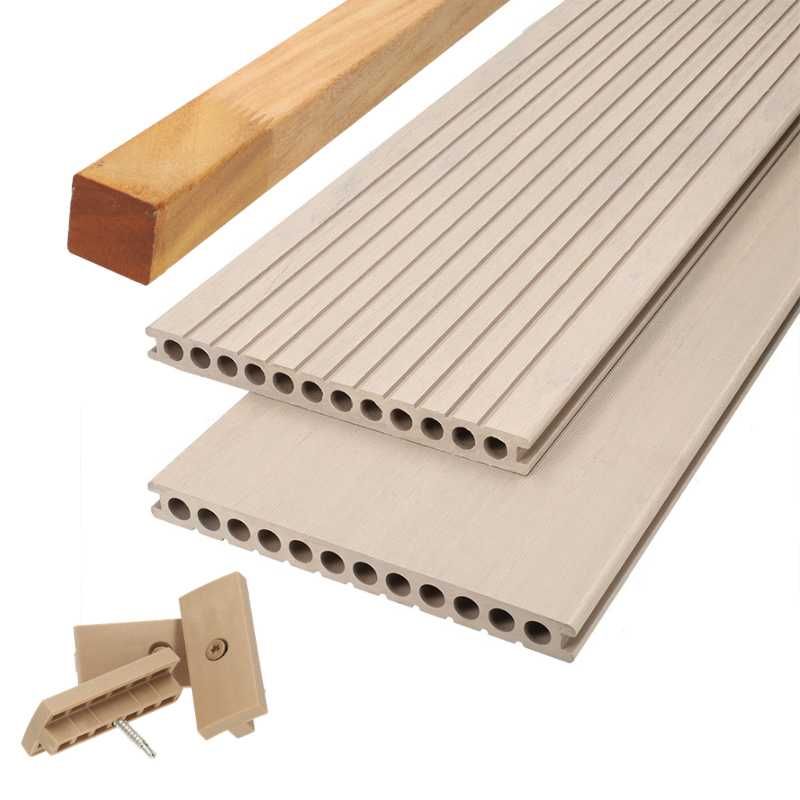 Vlonder totaalpakket composiet semi mass. 2,5x25cm XXL steengrijs (4mtr) grove ribbel/geborsteld