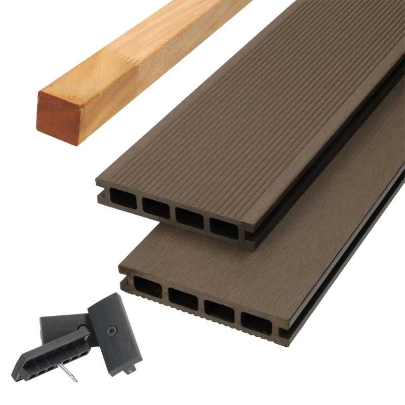 Vlonder totaalpakket composiet 2,5 x 14 cm bruin (5 mtr) fijne ribbel/geborsteld
