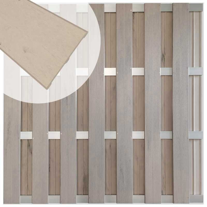 Zelfbouw schutting composiet Bari steengrijs gevlamd met blank alu accessoires (180 x 180 cm)