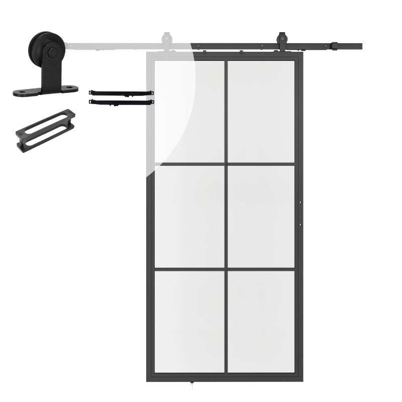 Stalen schuifdeur - Loft - 6 vaks helder glas - 215 x 100 cm inclusief schuifdeursysteem