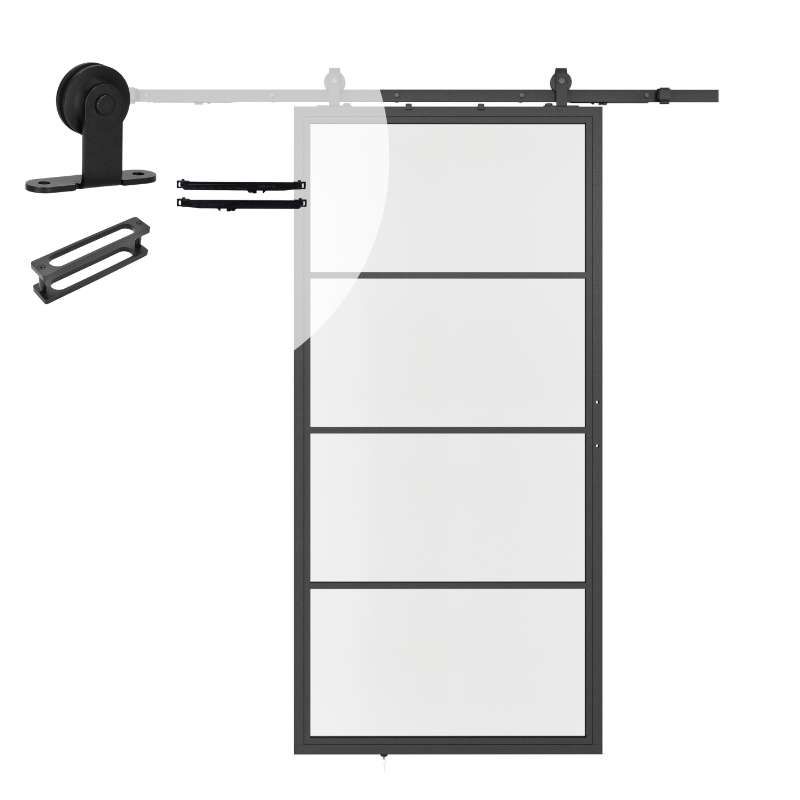 Stalen schuifdeur - Loft - 4 vaks helder glas - 215 x 100 cm inclusief schuifdeursysteem