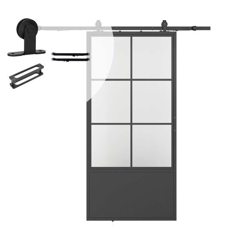Stalen schuifdeur - Loft - 6 vaks helder glas - kickplate - 215 x 100 cm inclusief schuifdeursysteem
