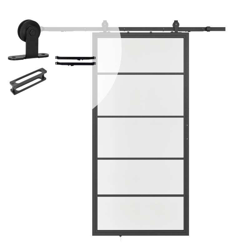 Stalen schuifdeur - Loft - 5 vaks helder glas - 215 x 100 cm inclusief schuifdeursysteem