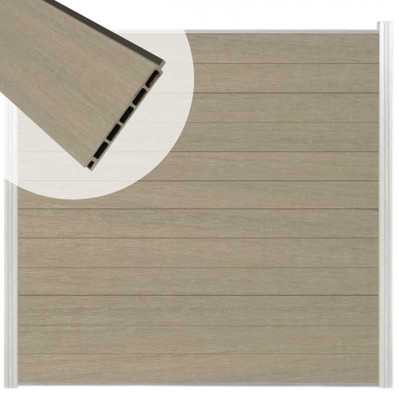 Schutting composiet co-extrusie Garda vergrijsd bruin met blank aluminium kader (180 x 180 cm)