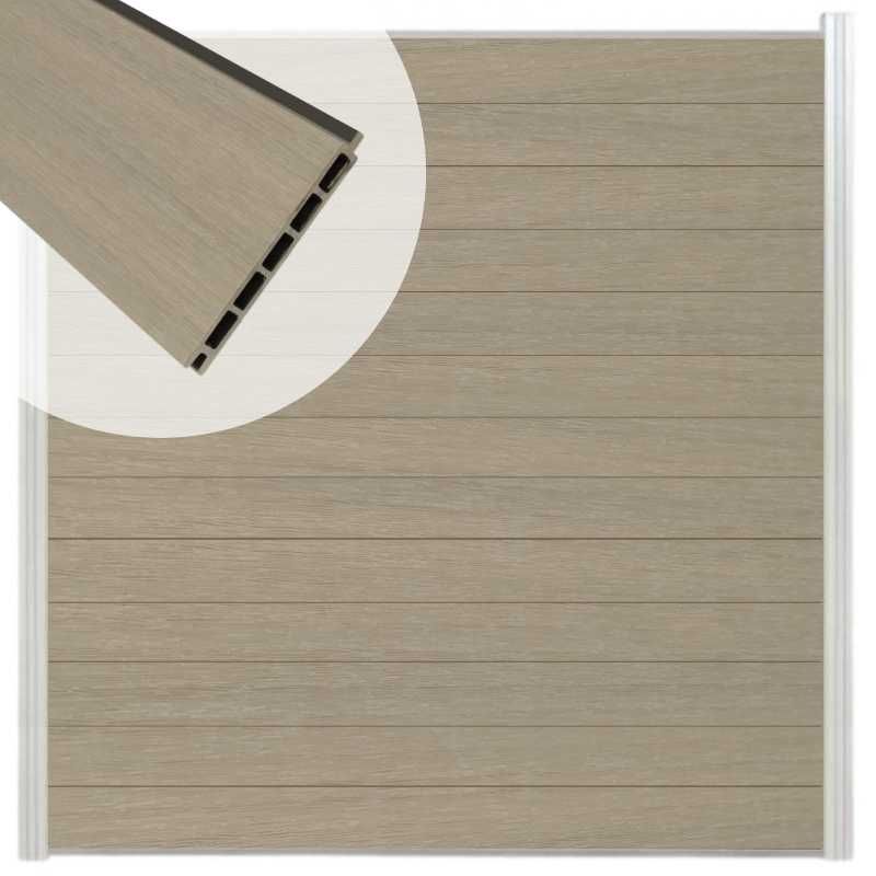Schutting composiet co-extrusie Garda vergrijsd bruin met blank alu kader (180 x 200 cm)