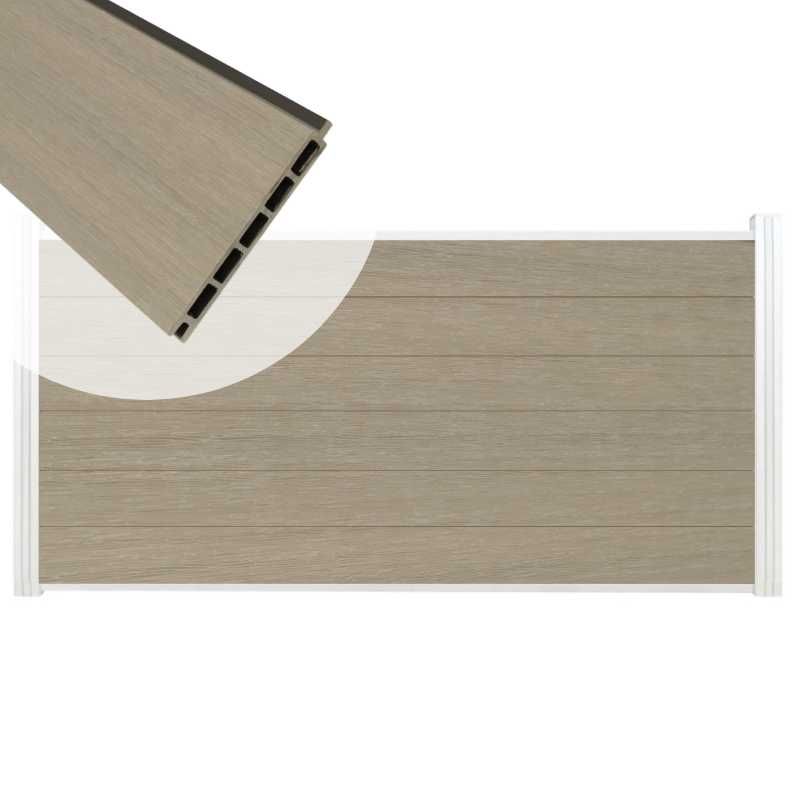 Schutting composiet co-extrusie Garda vergrijsd bruin met blank alu kader (180 x 90 cm)