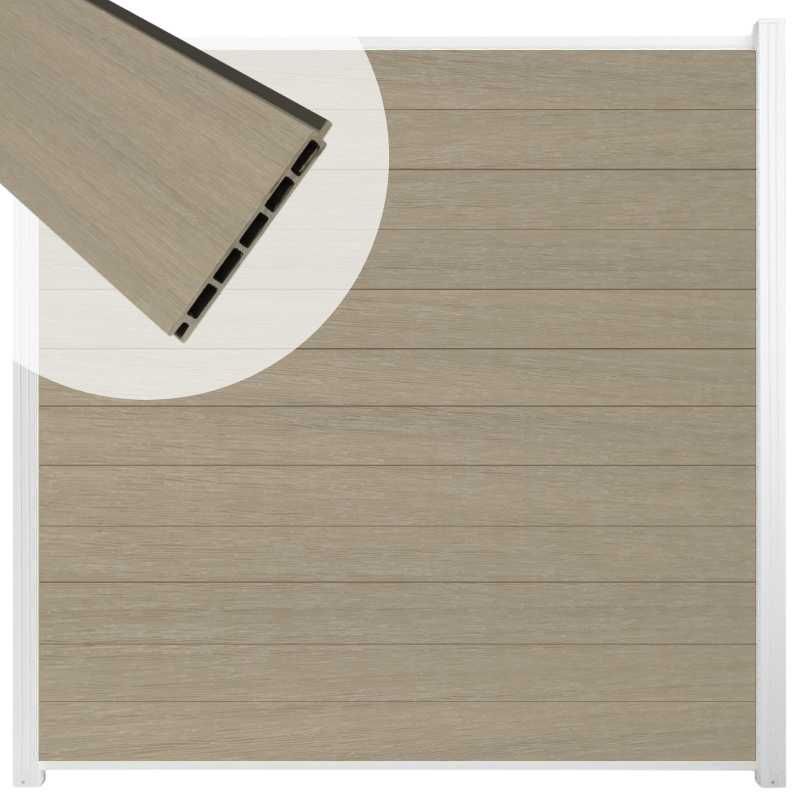Schutting composiet co-extrusie Garda vergrijsd bruin met wit aluminium kader (180 x 180 cm)