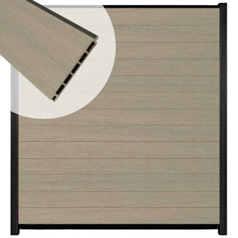 Schutting composiet co-extrusie Garda vergrijsd bruin met zwart alu kader (180 x 200 cm)