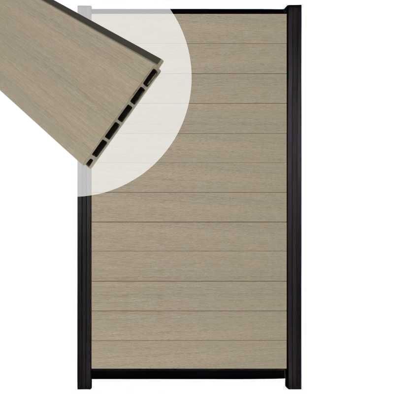 Schutting composiet co-extrusie Garda vergrijsd bruin met zwart alu kader (90 x 180 cm)