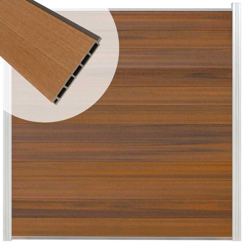 Schutting composiet co-extrusie Garda teak met blank aluminium kader (180 x 180 cm)