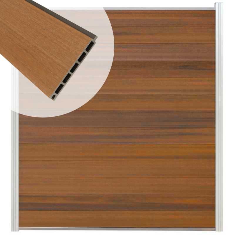 Schutting composiet co-extrusie Garda teak met blank aluminium kader (180 x 200 cm)