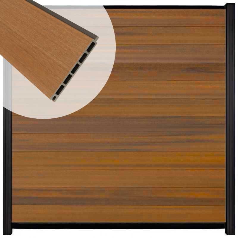 Schutting composiet co-extrusie Garda teak met zwart aluminium kader (180 x 180 cm)