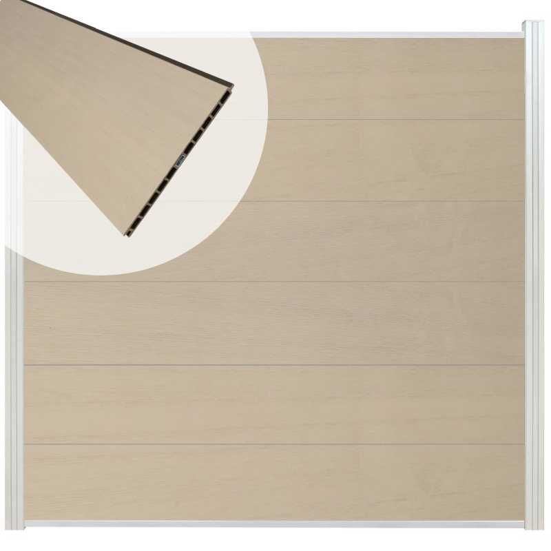 Schutting composiet co-extrusie Como beige met blank aluminium kader (180 x 180 cm)
