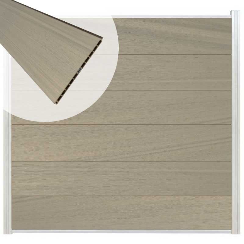 Schutting composiet co-extrusie Como vergrijsd bruin met blank aluminium kader (180 x 180 cm)