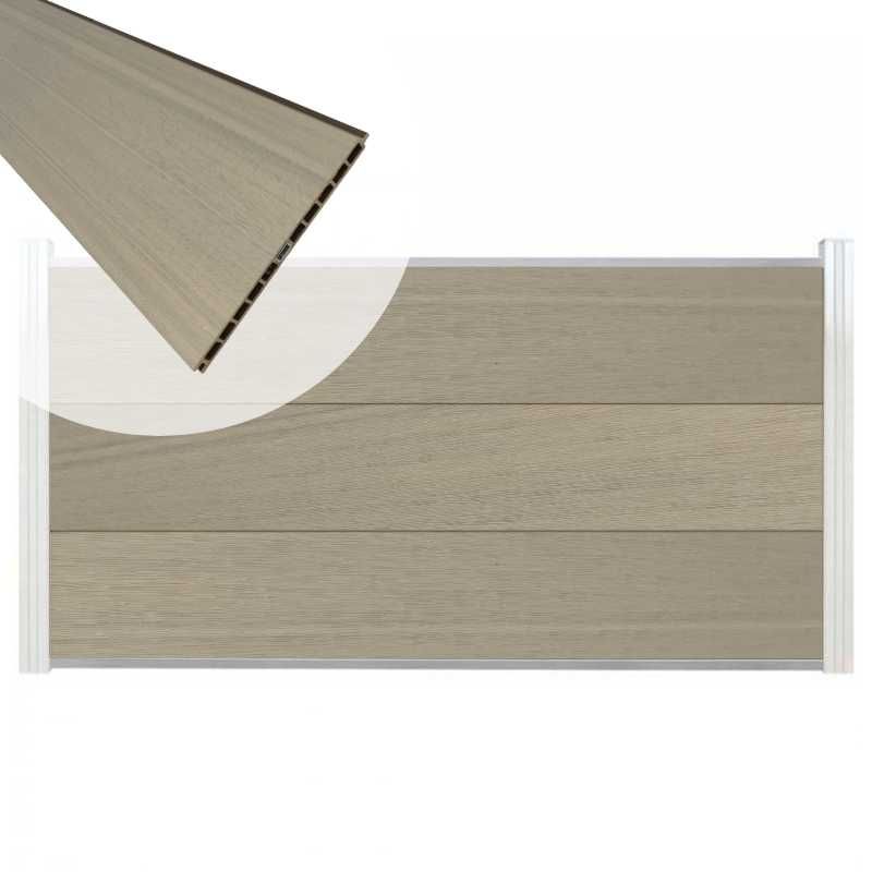 Schutting composiet co-extrusie Como vergrijsd bruin met blank aluminium kader (180 x 90 cm)