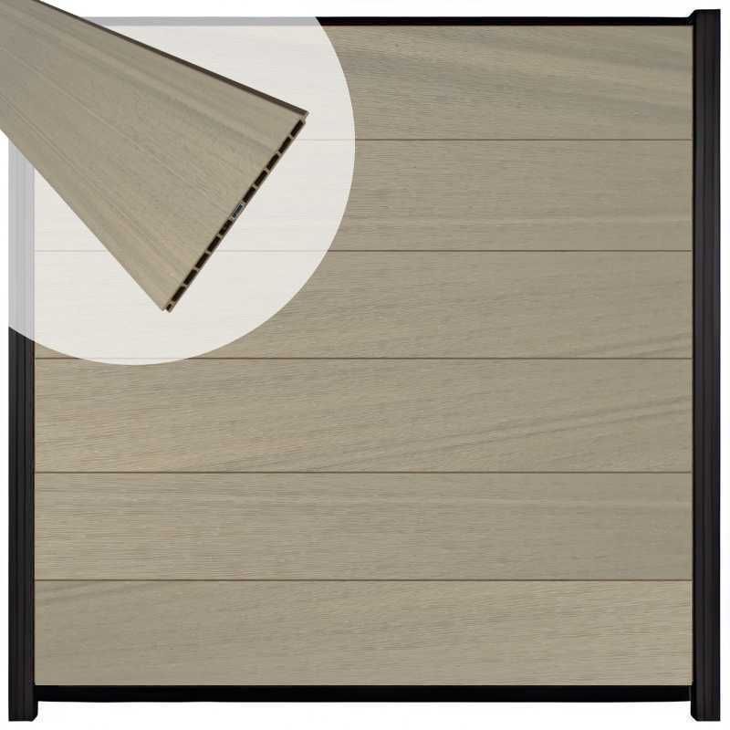 Schutting composiet co-extrusie Como vergrijsd bruin met zwart aluminium kader (180 x 180 cm)