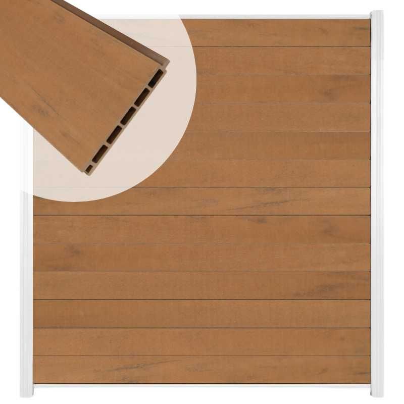 Zelfbouw schutting composiet Mix & Match bruinvlam - wit alu accessoires (180 x 200 cm)