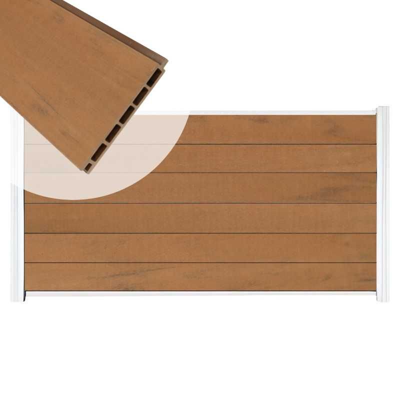 Zelfbouw schutting composiet Mix & Match bruinvlam - wit alu accessoires (180 x 90 cm)