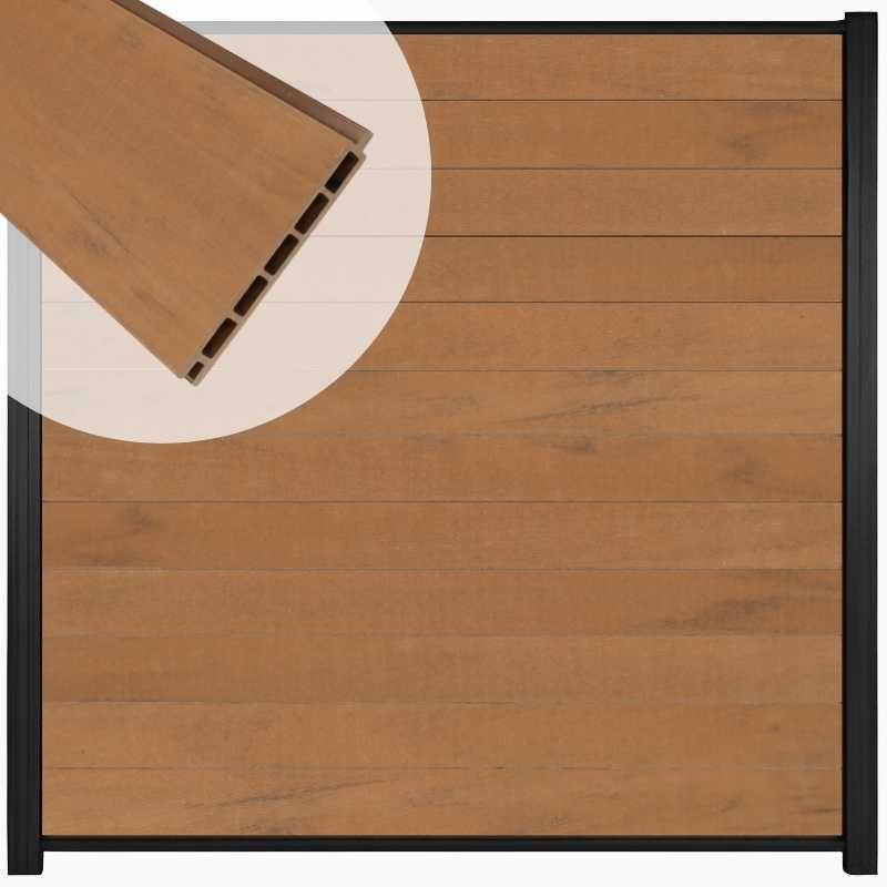 Zelfbouw schutting composiet Mix & Match bruinvlam - zwart alu accessoires (180 x 180 cm)