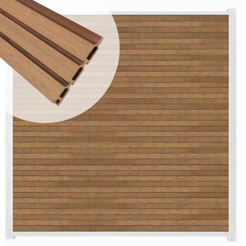 Zelfbouw schutting composiet Rhombus Triple bruin gevlamd - wit alu accessoires (180 x 200 cm)