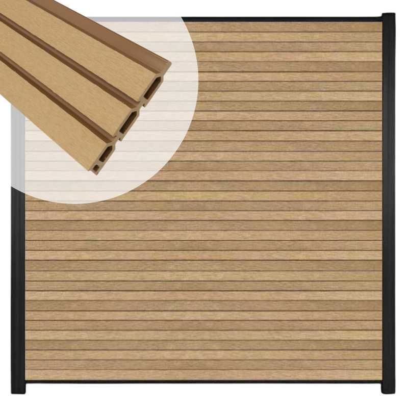 Zelfbouw schutting composiet Rhombus Triple teak - zwart alu accessoires (180 x 180 cm)