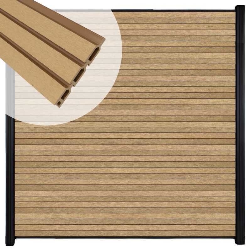 Zelfbouw schutting composiet Rhombus Triple teak - zwart alu accessoires (180 x 200 cm)