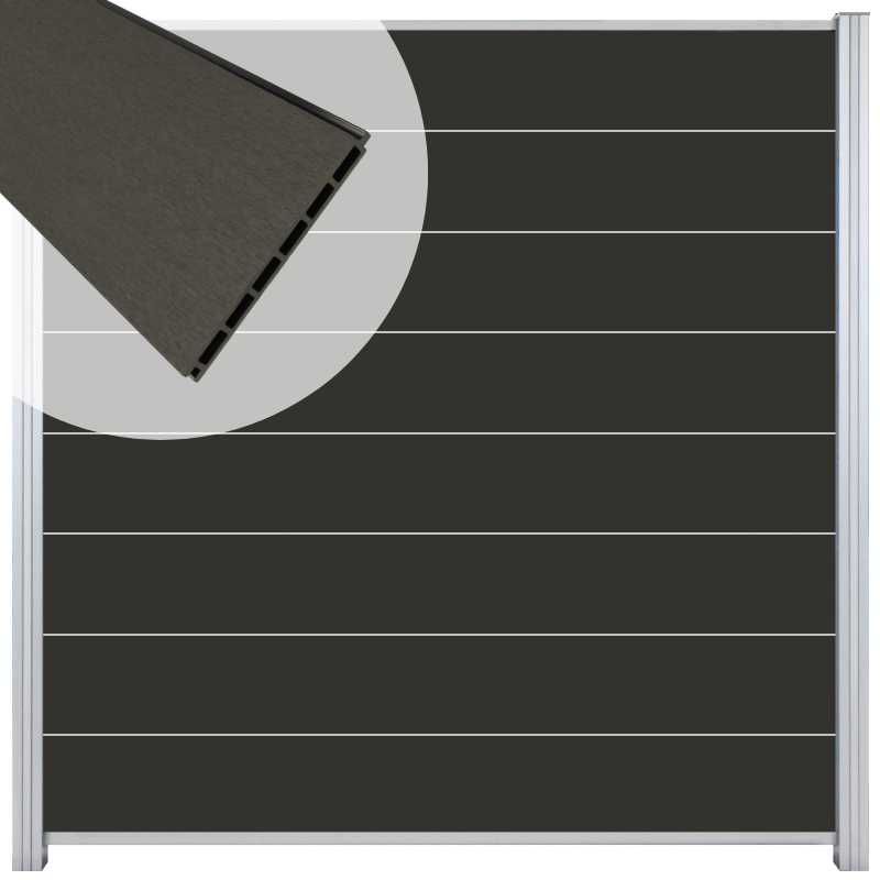 Zelfbouw schutting composiet Modular antraciet - blank alu accessoires (180 x 180 cm)