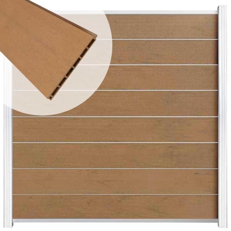 Zelfbouw schutting composiet Modular bruin gevlamd - wit alu accessoires (180 x 180 cm)