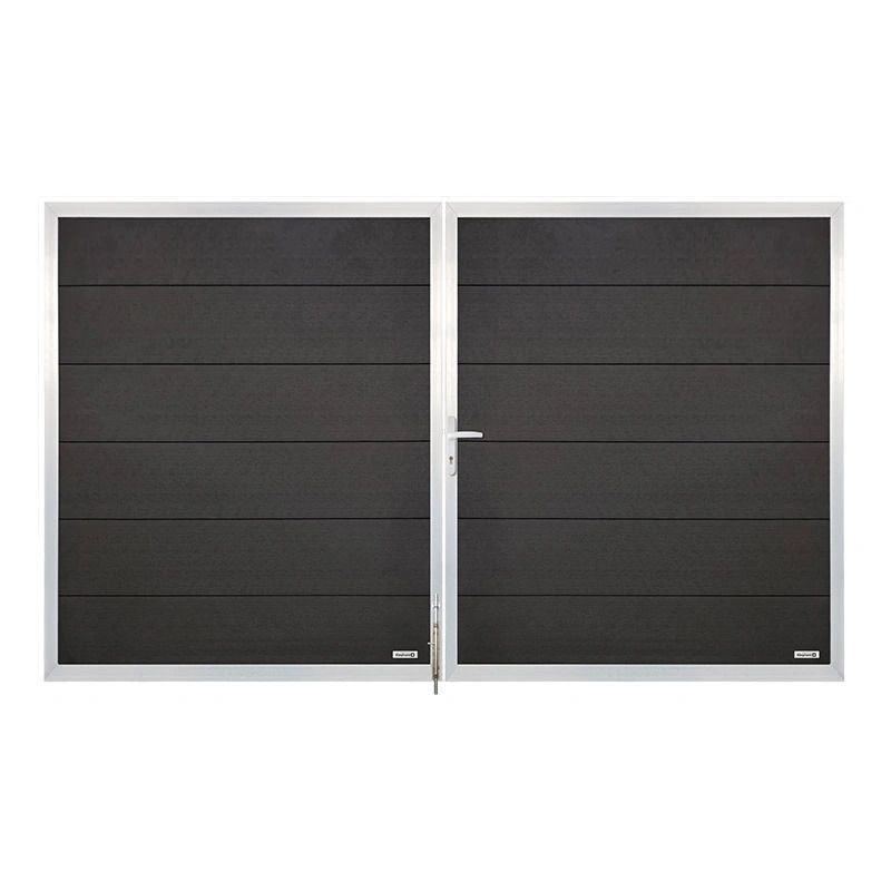 Dubbele poort composiet Forte antraciet met blank aluminium kader (300 x 180 cm)
