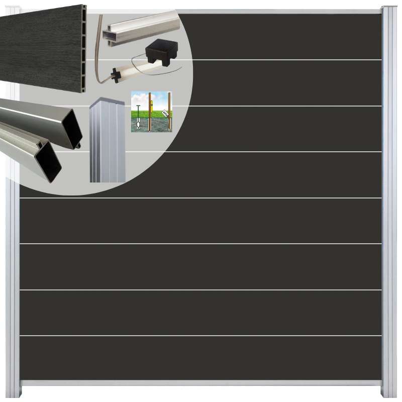 Schutting set composiet Modular co-ex nero - blank alu accessoires (9,30 meter)