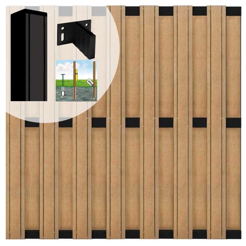 Schutting set composiet Stijl teak met zwart aluminium frame (7,54 meter)