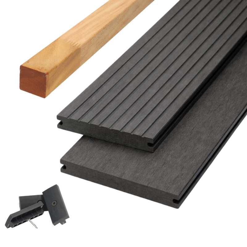 Vlonder totaalpakket composiet massief - 2,1 x 14 cm antraciet grove ribbel/vlak (4 mtr)