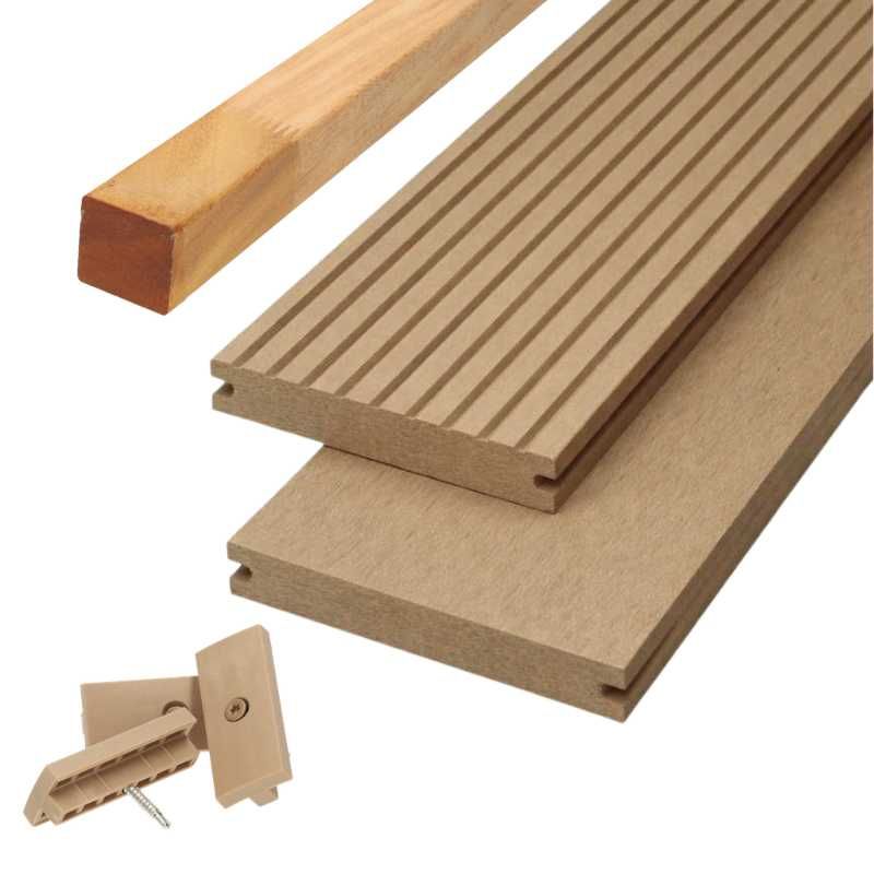 Vlonder totaalpakket composiet massief - 2,1 x 14 cm teak grove ribbel/vlak (4 mtr)