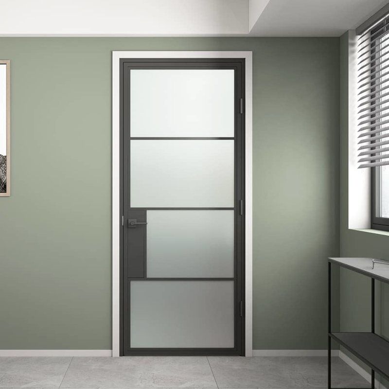 Stalen binnendeur met kozijn - Loft zwart - Rechtsdraaiend 4-vaks matglas - 83 x 201,5 cm