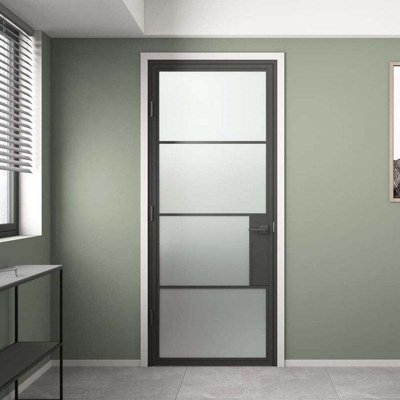 Stalen binnendeur met kozijn - Loft zwart - Linksdraaiend 4-vaks matglas - 83 x 211,5 cm