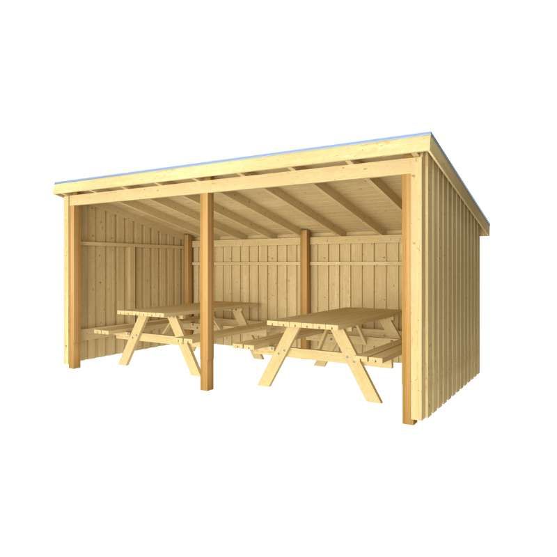 Overkapping met 2 picknicktafels 9,5 m2 incl dakleer alu strips - 432 x 218 x 169/220 cm - Type B