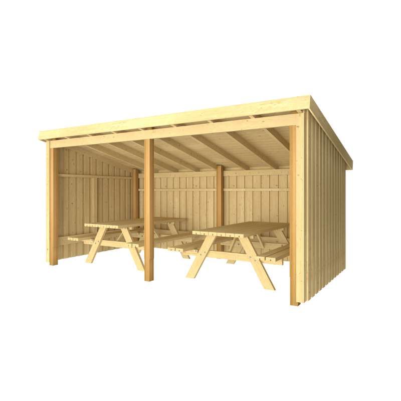 Overkapping met 2 picknicktafels 9,5 m2 - 432 x 218 x 169/220 cm - Type A