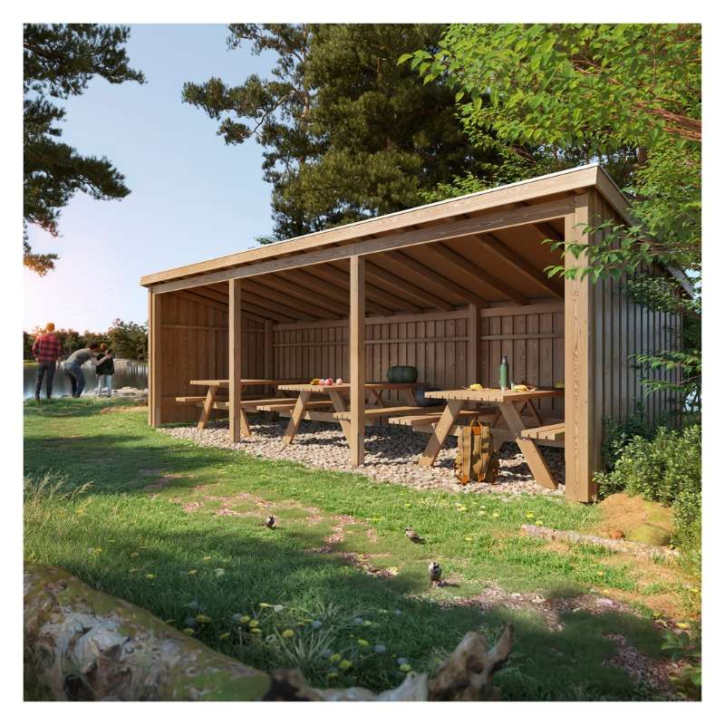 Overkapping met 3 picknicktafels 14 m2 - 635 x 218 x 169/220 cm