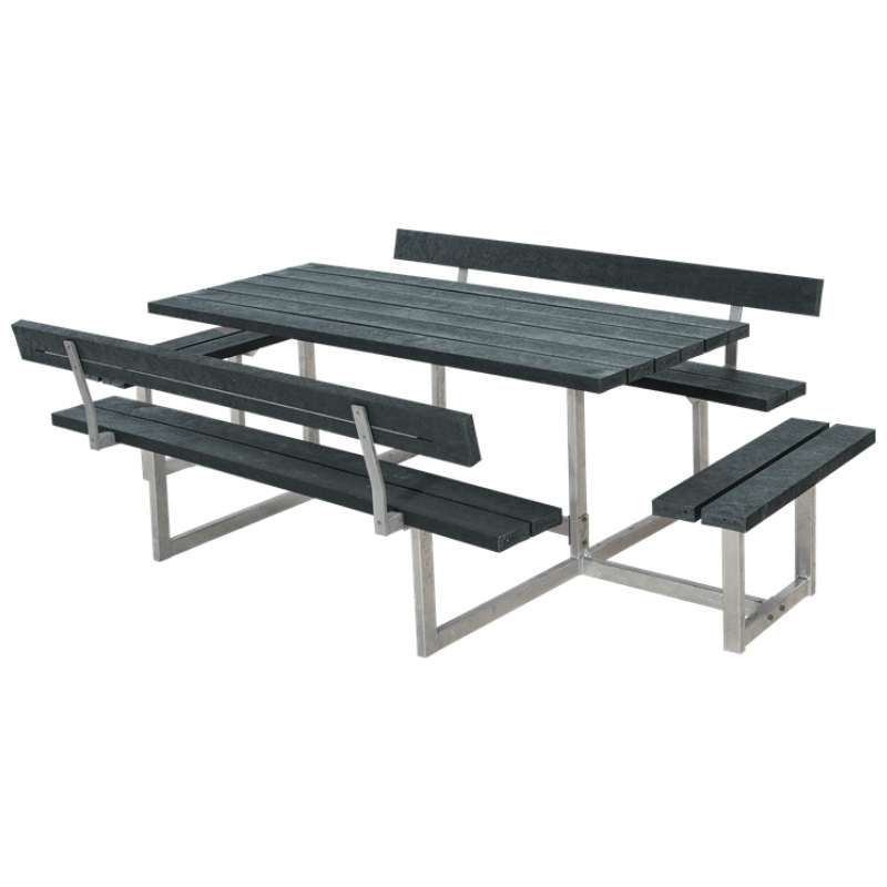 Picknicktafel gerecycled kunststof - Basic - grijs 4 banken 2 met rugleuning - 184 x 260 x 75 cm