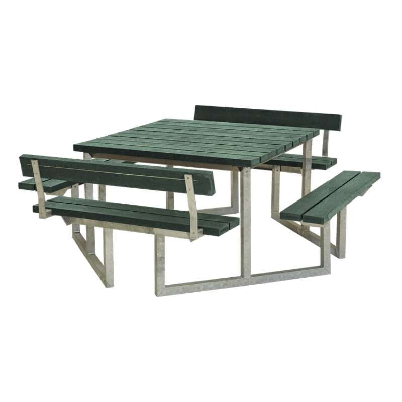 Picknicktafel gerecycled kunststof groen - Twist vierkant 2 rugleuningen 227 x 204 x 76 cm